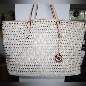 Michael Kors Signature Monogram Studded Tote — Vanilla